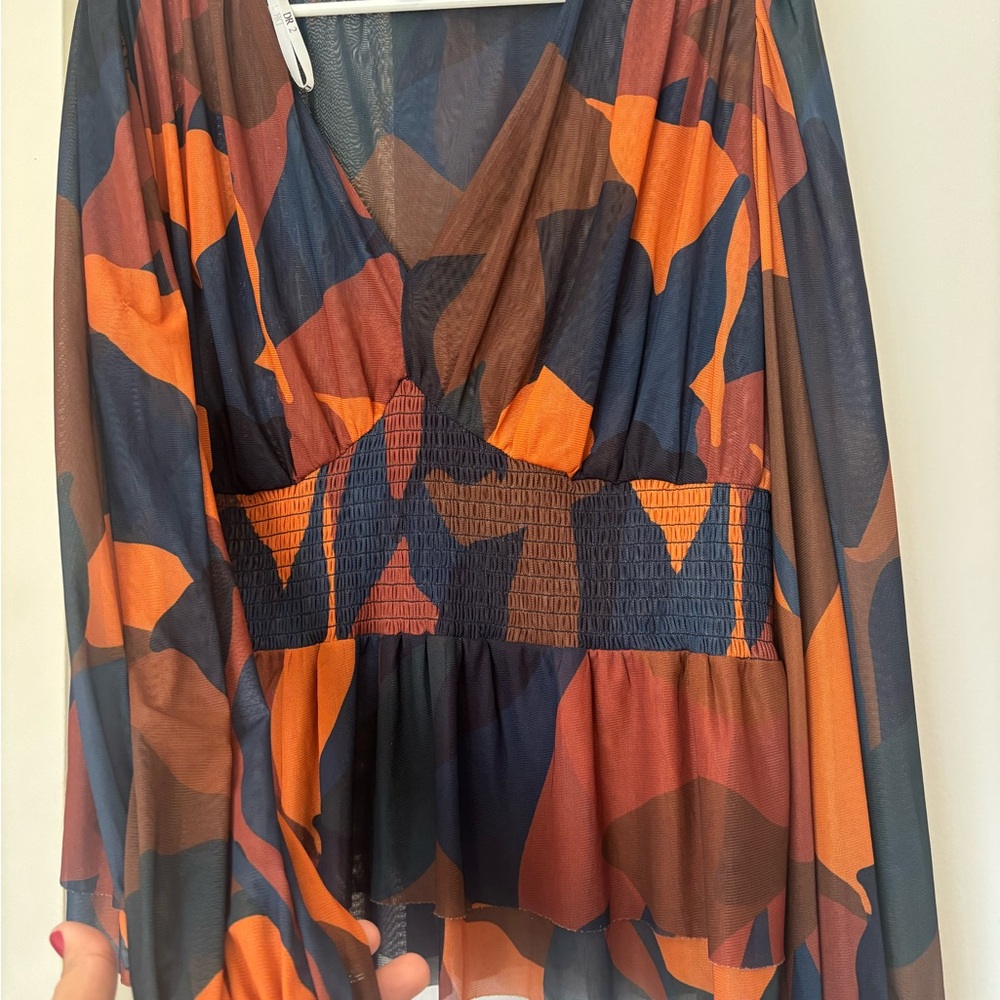 DR2 Sheer V-Neck Smocked Waist Blouse in Orange, Navy & Brown